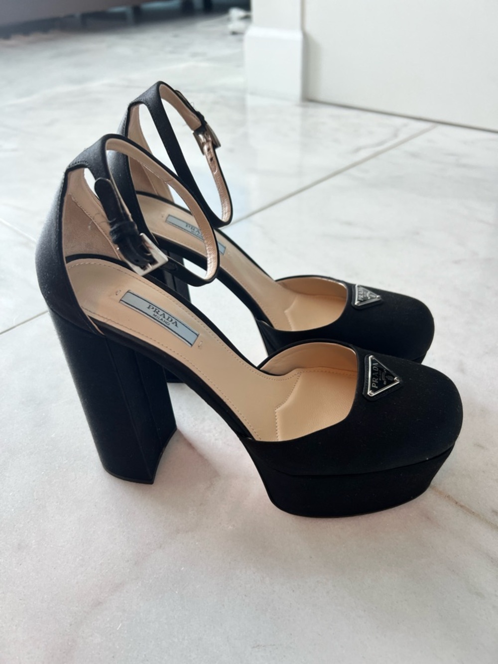 Prada Black Platform Ankle-Strap Pumps with Logo Plaque